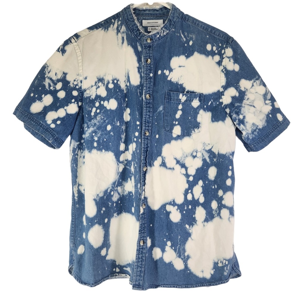 Urban Outfitters Button Up Shirt Mens Medium Bleach Splatter Blue Mock Neck
